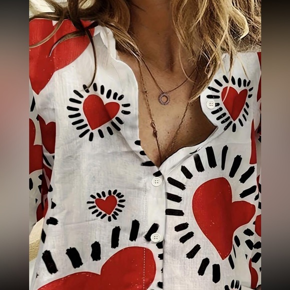 Boho Heart Print Button Down Up Shirt Top Blouse - Picture 7 of 11